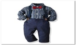 Kids performance outfits baby boys plaid lapel long sleeve shirtsuspender pantsBows tie 3pcs sets fall new family party clothes 5796167