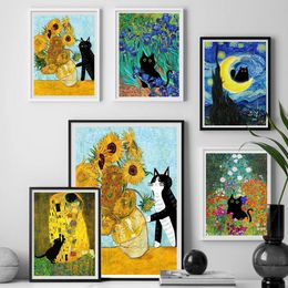 Abstract Black Cat Knocks Van Gogh Sunflower Funny Poster Graffiti Art Background Wall Canvas Painting Decorative Print Picture