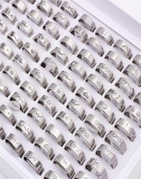 100 pcs Fashion hollow silver Colour Stainless steel Band rings for men womens mix animal love jesus etc style size 17mm to 21mm3569428143