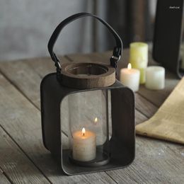 Candle Holders Windproof Simple Candles Table Retro Iron Glass Set Outdoor Luxury Wood Square Pe De Vela Tealight Holder Decor