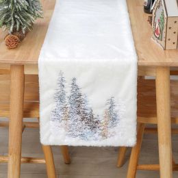 Christmas SnowflakeEmbroidered Faux Wool Table Runners Warm White Christmas Tree Pattern Faux Fur Xmas Table Decoration