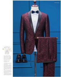 Men's Suits 2024 Burgundy Jacquard Prom Suit Wedding For Men Elegant Fashion Jacket Slim Fit Groom Blazer Sets 2 Piece Tuxedo Masulino