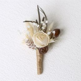 Groom Dried Flower Bouquet Corsage Men Groomsmen Wedding Prom Banquet Party Boutonnieres Brooches Male Suit Coat Accessories