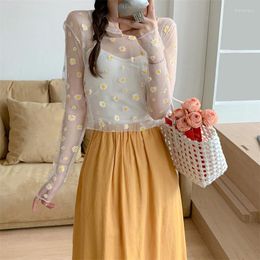 Women's T Shirts Summer Sunscreen Small Daisy Flowers Lace Mesh T-shirts Women Clothing Thin See Through Tee Tops Long Sleeve Blouse Female