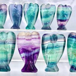 Decorative Figurines Natural Rainbow Fluorite Guardian Angel Healing Crystal Carving Room Decoration Fashion Office Desktop Furniture Gift