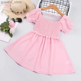 Girl's Dresses Girl Dress 2-6 Years Summer Pink Square Neck Short Sleeve Dress Very Elegant Birthday Party Princess Skirt Childrens Clothing Y240412