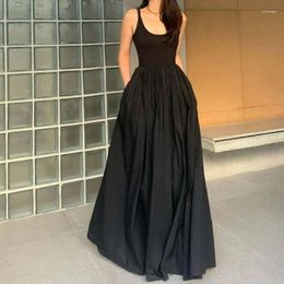 Casual Dresses HOUZHOU Black Maxi Dress Elegant Chic Vintage Sleeveless Loose Ruffle Female Party Club Evening Robes Korean Style Sundresses