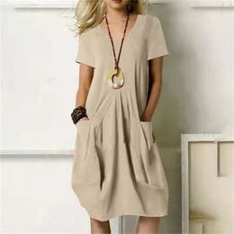 S5XL Oversized Cotton Linen Long Dress for Women Summer Casual Short Sleeve Blouse Skirt Beach Female Clothing Vestid Robe 240412