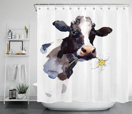 Shower Curtains Rustic Farmhouse Cow Curtain For Bathroom Watercolor Hippie With Daisy Flower White Background Decor