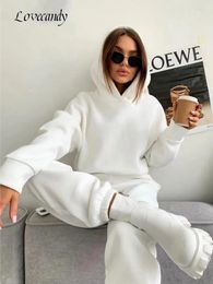 Carpets Fleece Women Oversize Sweatshirt Suit Solid Long Sleeve Hooded Top Elastic Waist Pant Lady 2 Piece Set 2024 Autumn Sport Outfits