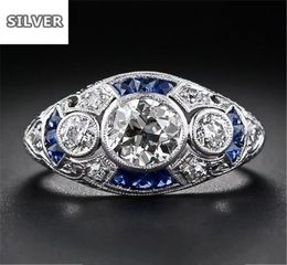 925 anillos Silver Retro Court Full Cubic Zirconia Ring For Women Ladies Elegant Blue Crystal Rings Banquet Sapphire Jewelry7365950