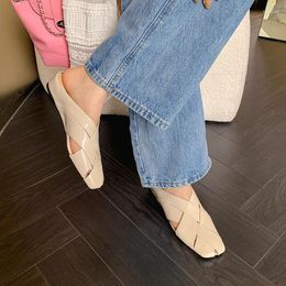 Slippers 2024 Summer Women Mules Genuine Leather Shoes For Square Toe Chunky Heel Modern Sandals Cover
