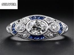 925 anillos Silver Retro Court Full Cubic Zirconia Ring For Women Ladies Elegant Blue Crystal Rings Banquet Sapphire Jewelry6390758