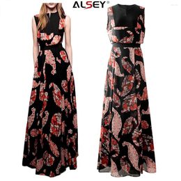 Casual Dresses ALSEY Hepburn Style Women Dress Vintage Elegant Black Bottom Printed Long High Fashion Temperament Party Sleeveless