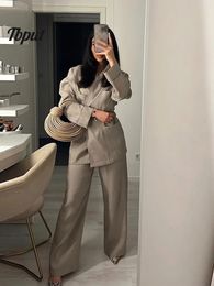 Womens Casual Laceup Jacket Suit Lady Fashion Lapel Long Sleeve Pocket Coat Wide Leg Pant Sets Female Elegant Outfits 240402