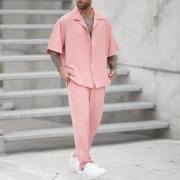 Summer Fashion Shirts and Pants Twopiece Mens Sets Trend Solid Colour Male Suit Pink Large Size Sweatshirts Ropa Hombre 240412