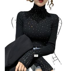 New design women turtleneck long sleeve stretchy fabric knitted rhinestone patched shinny bling sweater top shirt pullover jumper