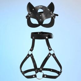 Bras Women Bondage Body Harness Lingerie Goth Crop Tops Cage Bra Lingerie Leather Harness Belt with Mask Rave Wear for Women Sex Set