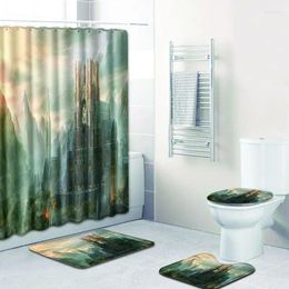 Shower Curtains 4 Pcs/Set City Scenic Curtain Bath Rug Set Toilet Cover Mat Bathroom Accessories With Hooks
