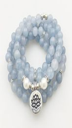 SN1205 Design Womens 8 mm Blue Stone 108 Mala Beads Bracelet or Necklace Lotus Charm Yoga Bracelet1787578