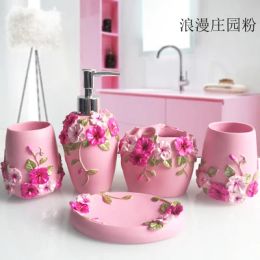 Wedding Gift Bathroom Set- Pink Bathroom Accessories Kit-Red Resin Five-piece Set-Soap Dispenser-Toothbrush Holder