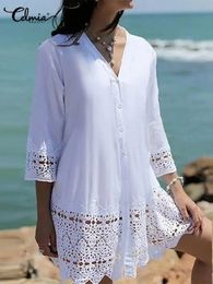 Celmia Women Solid Summer Mini Dress Elegant Hollow Out Lace Sundress Leisure Vneck 34 Sleeve Holiday Beach Short Vestido Robe 240412