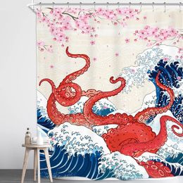 Japanese Shower Curtains Asian Art Mountain Bird Pink Cherry Blossom Bath Curtain Polyester Fabric Bathroom Decor Set With Hooks