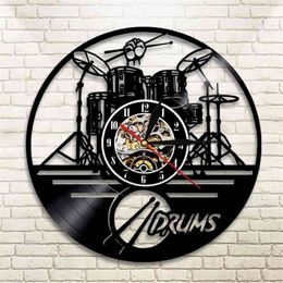 Guitar Drums Set Silhouette LED Backlight reloj Music Modern Vinyl Watch 3d Wall Clock horloge Band Member Fan Handmade Gift 21040217T