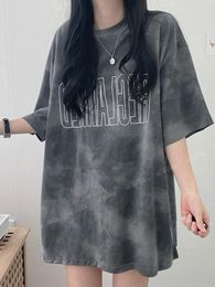 Women's T Shirts Foufurieux Tie-dye Short-sleeved T-shirt Women 2024 Large Size Summer Korean Hip Hop Harajuku Shirt Men Grey Goth Letter