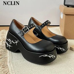 Dress Shoes Spring/Summer Women Chunky Heel Round Toe Platform Genuine Leather High MARY JANES Zapatos De Mujer
