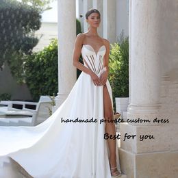 White Satin A Line Wedding Dresses Sexy Corset Sweetheart Beach Bridal Gown with Split Long Wedding Bride Dress