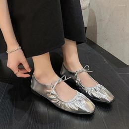 Casual Shoes Ballet Flats Women Leather Shoe Narrow Band Silver Bling Gold Round Toe 2024 Spring Footwear