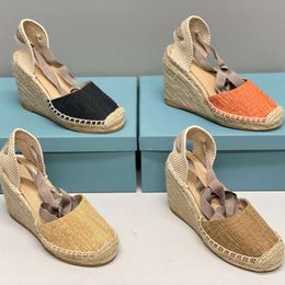 Braided Twine Sandals Women Espadrille Strap Round Wedge Heel Heels Fashion Genuine Leather Fisherman Wedding Dress Party Shoes With Box 037 536