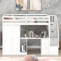 Twin Size Loft Bed with Wardrobe and Storage Staircase,built-in desk & Storage Drawers & Cabinet in 1,Loft Bed For Kids bedroom