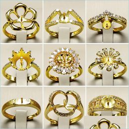 Jewelry Settings Gold Pearl Rings Diy Ring Setting Flower Zircon For Women Fashion Adjustable Size Christmas Gift Drop Delivery Dhgxv