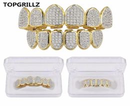 Hip Hop Iced Out CZ Gold Teeth Grillz Caps Top and Bottom Diamond Tooth Grillzs Set For Men Women Gift Grills5824659