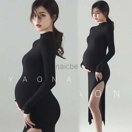 Maternity Dresses New Black Sexy Maternity Dresses Photography Props Split Side Long Pregnancy Clothes Photo Shoot For Pregnant Women Dress 2021 240412