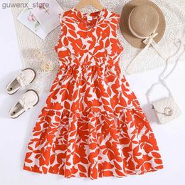 Girl's Dresses Fashion For 8-12Ys Kids Outfit Summer Vintage Orange Retro Print Cute Floral Print Daily Casual Holiday Vacation Party Dress Y240412