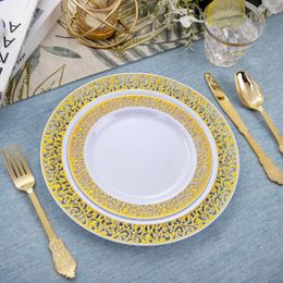 Disposable Dinnerware 210 PCS Gold Plastic Plates Sets Includes 30 Dinner Salad Pre Rolled Napkins