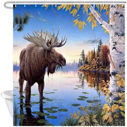 Shower Curtains Fall Moose By Ho Me Lili For Bathroom Autumn Scene Animal Elk Leaves Birch Forest River