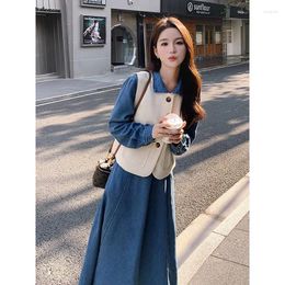 Casual Dresses Summer Long Dress For Women Long-sleeved Denim Single-breasted Waistcoat Suit Fashion Outfits 2pcs Set