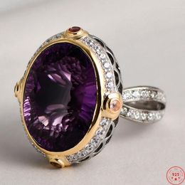 Cluster Rings S925 Sterling Silver For Women Men Fashion Oval Natural Amethyst Occidental Topaz Zircon Jewellery