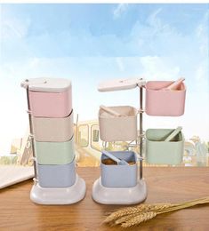 Storage Bottles 1PC Rotating Jars Wheat Straw Seasoning Jar 4 Grid Rotary Boxes Kitchen Stackable Food Container Spice Box With Spoons OK