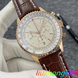 46MM New Quality Navitimer Watch Chronograph Quartz Movement Yellow Gold Case Limited Silver Dial 50TH ANNIVERSARY Men Watch Leather Strap Mens Wristwatches