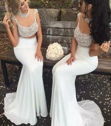 Sexy White 2020 Mermaid Formal Evening Dresses Pearls Backless Plus Size Prom Dress Beading Party Wear See Through Maxi Gown8154880