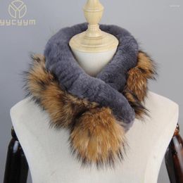 Scarves Women Knitted Rex Fur With Raccoon Strips Real Mufflers Winter Warm Wraps Elastic Rings