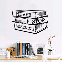 Lettering Study Books Wall Sticker Never Stop Learning Motivational Quote Wall Decal Library Classroom Decor Vinyl Mural AY1689