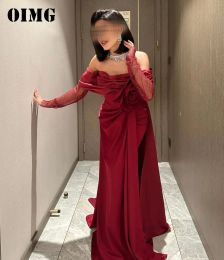 OIMG New Design Off Shoulder Prom Dresses Long Sleeves Saudi Arabic Satin Flowers Red Women Evening Gowns Formal Party Dress