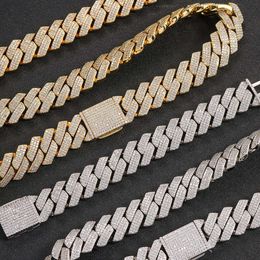 Hot Selling 20mm Diamond Gold Plated Copper Cuban Bracelet Hip Hop Three Rows Cz Necklace Zircon Iced Out Miami Cuban Link Chain