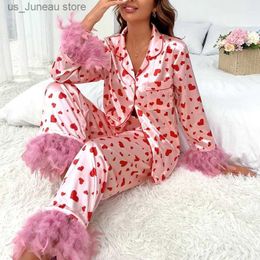 Women's Sleepwear Satin Loungewear Set Heart Print Feather Cuff Long Slve Lapel Button Down Blouset Tops + Long Pants 2 Piece Matching Suit T240412
